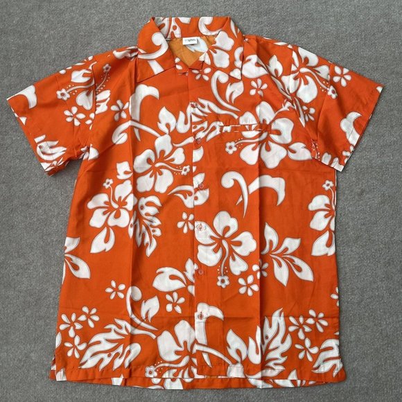 Hawaiian Other - King Kameha Hawaiian Shirt Mens Large Orange White Tropical Hibiscus Floral NEW